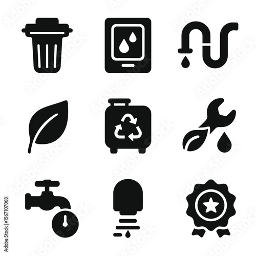 Sustainable Plumbing Icons. Solid, filled icons set of sustainable plumbing practices: water filter, dual