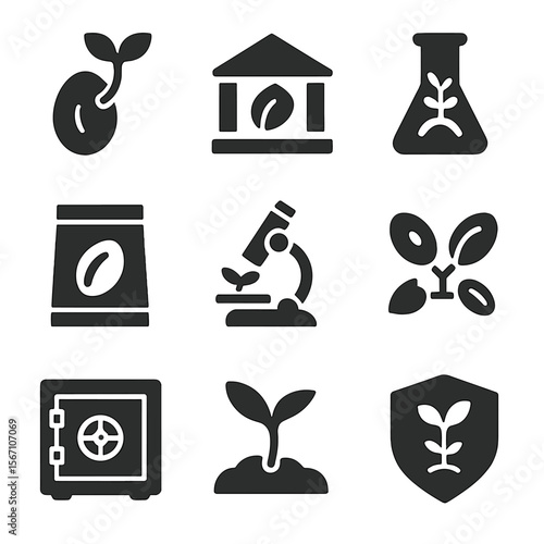 Sustainable Seed Icons. Solid, filled icons set of sustainable seed development: heirloom seed, seed bank,