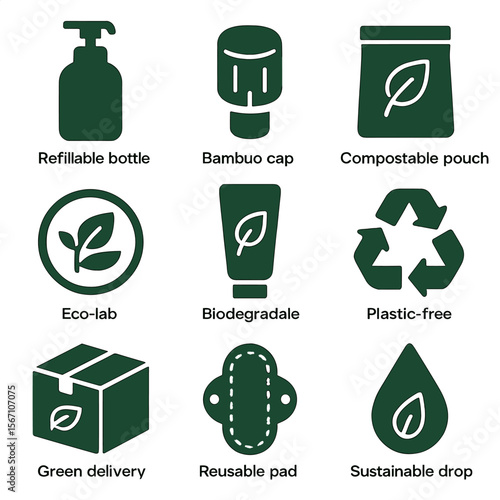 Sustainable Skincare Icons. Solid, filled icons set of sustainable skincare: refillable bottle, bamboo cap,