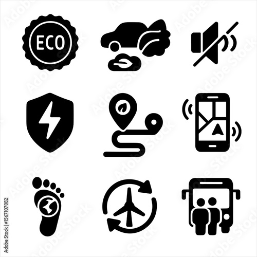 Sustainable Transport Icons. Solid, filled icons set of sustainable transportation features: eco badge, low