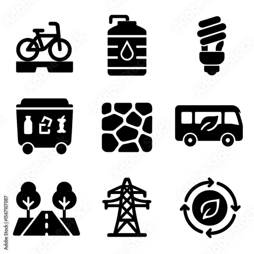 Sustainable Urban Icons. Solid, filled icons set of sustainable urban infrastructure: bike lane, rainwater