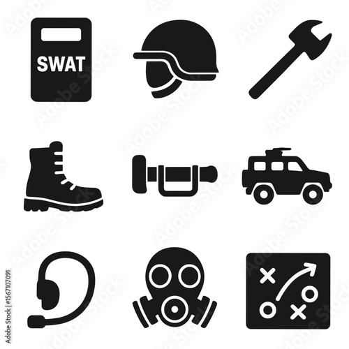 Tactical Gear Icons. Solid, filled icons set of tactical response units: SWAT shield, riot helmet, breaching