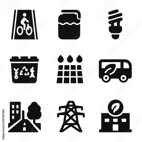 Sustainable Urban Icons. Solid, filled icons set of sustainable urban infrastructure: bike lane, rainwater