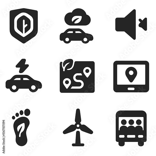 Sustainable Transport Icons. Solid, filled icons set of sustainable transportation features: eco badge, low