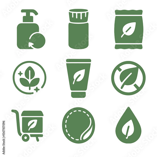 Sustainable Skincare Icons. Solid, filled icons set of sustainable skincare: refillable bottle, bamboo cap,