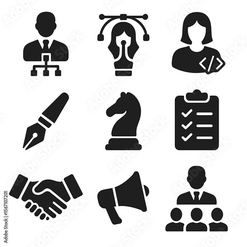 Team Roles Icons. Solid, filled icons set of team roles and responsibilities: project manager, designer avatar