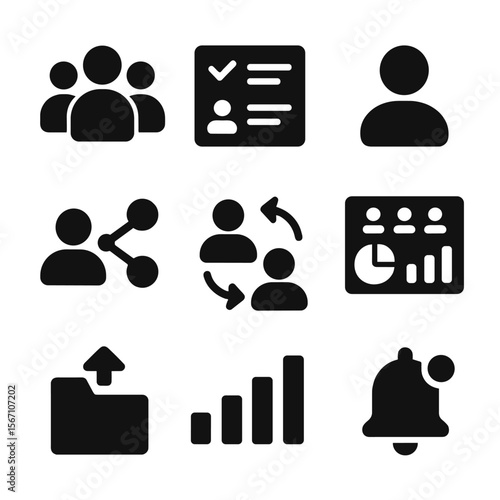 Team Task Icons. Solid, filled icons set of team task distribution: group icon, assignment board, user avatar,