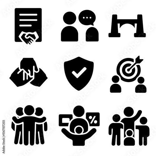 Team Trust Icons. Solid, filled icons set of team trust building: agreement document, open dialogue, bridge