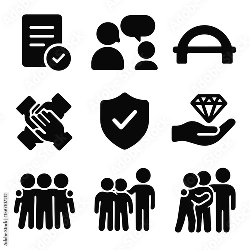 Team Trust Icons. Solid, filled icons set of team trust building: agreement document, open dialogue, bridge