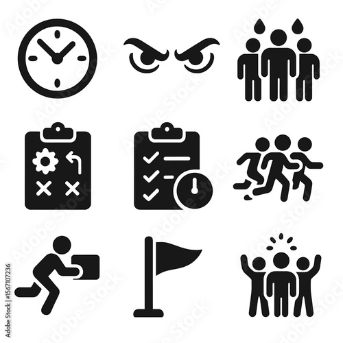 Teamwork Under Pressure Icons. Solid, filled icons set of teamwork under pressure: ticking clock, focused eyes