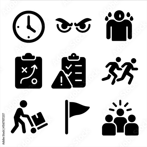 Teamwork Under Pressure Icons. Solid, filled icons set of teamwork under pressure: ticking clock, focused eyes