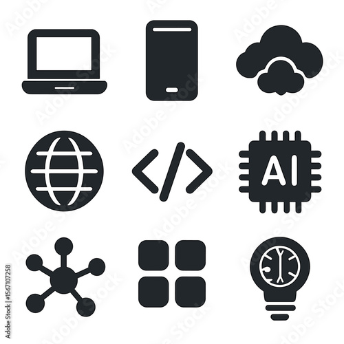 Tech Entrepreneurship Icons. Solid, filled icons set of tech entrepreneurship: laptop icon, smartphone, data