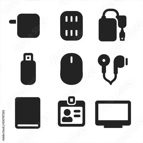 Tech Essentials Grid. Solid, filled icons set of tech backpack contents: charger, cable organizer, external