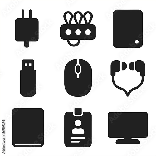 Tech Essentials Grid. Solid, filled icons set of tech backpack contents: charger, cable organizer, external