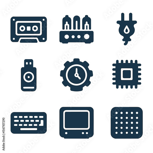 Tech Room Icons. Solid, filled icons set of tech-themed room design: neon cassette, tube amplifier, plug decor