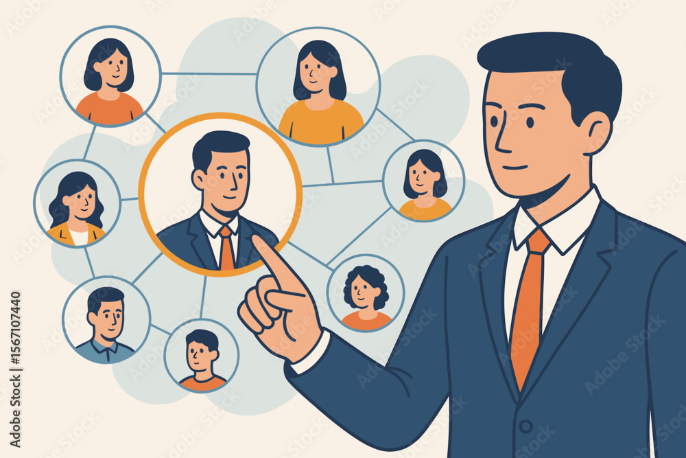Businessman leader pointing to choose a team leader from a network of employees. Human resources management, talent acquisition, recruitment and hiring process vector concept. Businessman leader pointing to choose a team leader from a network of employees. Human resources management, talent acquisition, recruitment and hiring process vector concept.