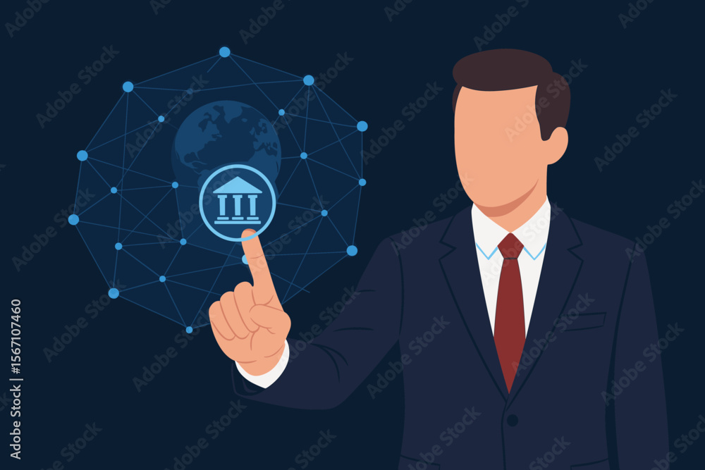Businessman touching bank icon on a futuristic virtual screen. Global finance and fintech concept. Online banking, digital transaction, investment. World economy and financial network. Businessman touching bank icon on a futuristic virtual screen. Global finance and fintech concept. Online banking, digital transaction, investment. World economy and financial network.