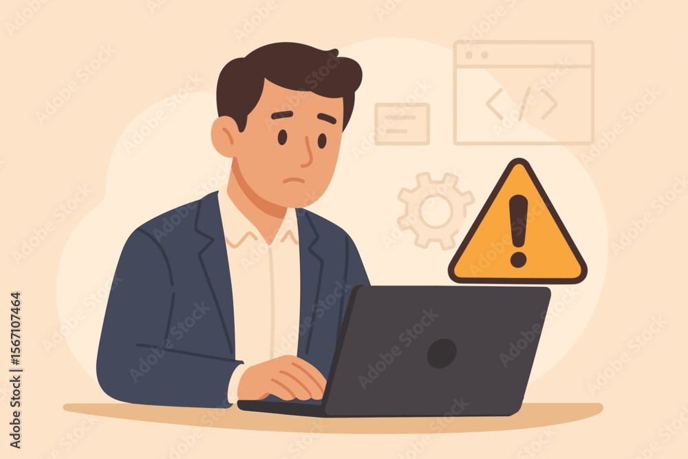 Worried businessman, programmer or IT staff using computer with a warning sign. Concept for system error, maintenance, bug, 404 page, server down, security threat or alert notification. Worried businessman, programmer or IT staff using computer with a warning sign. Concept for system error, maintenance, bug, 404 page, server down, security threat or alert notification.