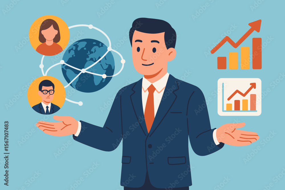 Businessman managing global network connection, customer relations, and business growth. Concept of sales data analysis, investment strategy, and market development. Modern flat vector. Businessman managing global network connection, customer relations, and business growth. Concept of sales data analysis, investment strategy, and market development. Modern flat vector.