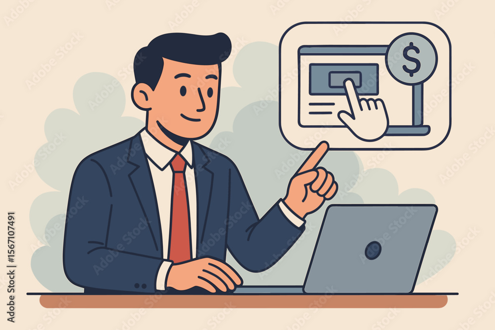 Businessman managing a PPC campaign on a laptop computer. Pay Per Click internet advertising concept. Online marketing, CPC, SEM, digital strategy, search engine marketing vector. Businessman managing a PPC campaign on a laptop computer. Pay Per Click internet advertising concept. Online marketing, CPC, SEM, digital strategy, search engine marketing vector.