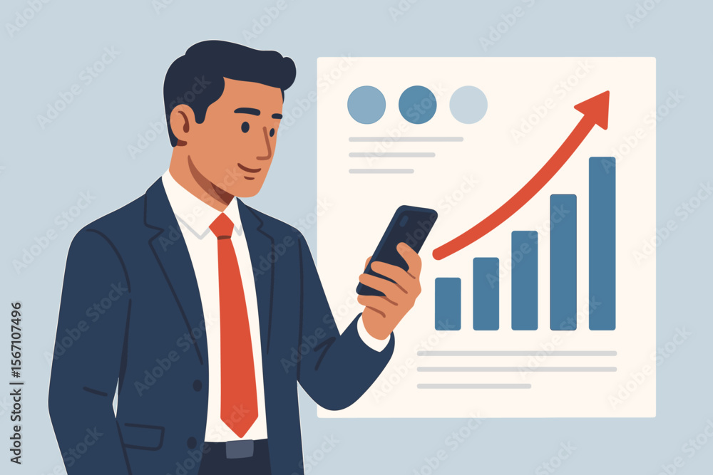 Businessman manager analyzing sales data and business growth graph chart on mobile smartphone. Financial success, marketing report and investment concept. Flat vector illustration. Businessman manager analyzing sales data and business growth graph chart on mobile smartphone. Financial success, marketing report and investment concept. Flat vector illustration.
