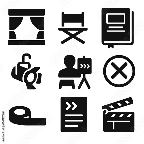 Theater Rehearsal Icons. Solid, filled icons set of theater rehearsal scene: stage, director chair, script