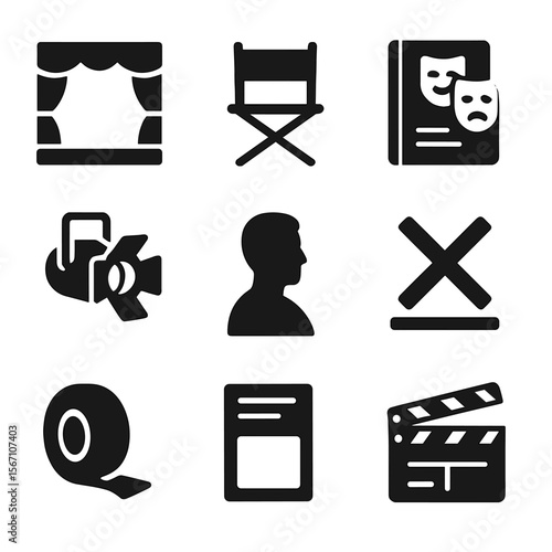 Theater Rehearsal Icons. Solid, filled icons set of theater rehearsal scene: stage, director chair, script