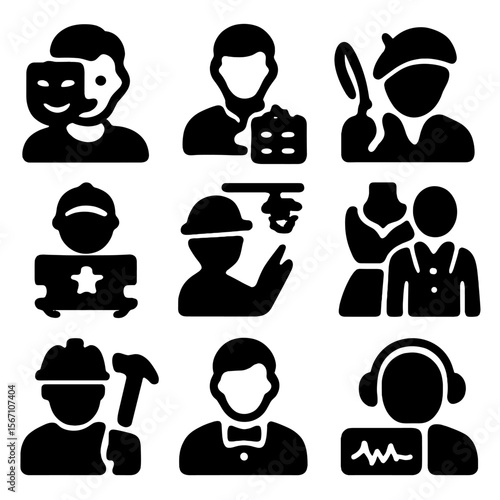 Theatrical Roles Icons. Solid, filled icons set of theatrical roles and jobs: actor icon, stage manager,