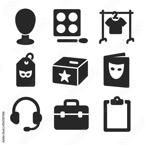 Theatrical Tools Icons. Solid, filled icons set of behind-the-scenes props: wig stand, makeup palette, garment