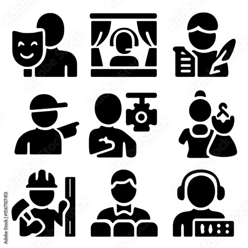 Theatrical Roles Icons. Solid, filled icons set of theatrical roles and jobs: actor icon, stage manager,
