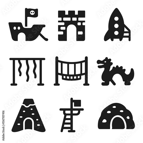 Themed Climbing Icons. Solid, filled icons set of themed climbing structures: pirate ship climber, castle wall