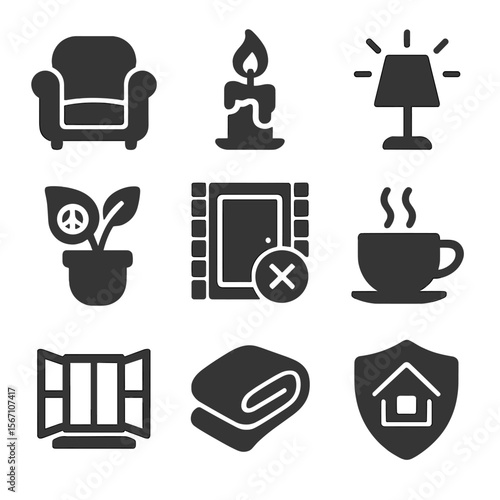 Therapeutic Listening Icons. Solid, filled icons set of therapeutic listening environments: cozy chair,