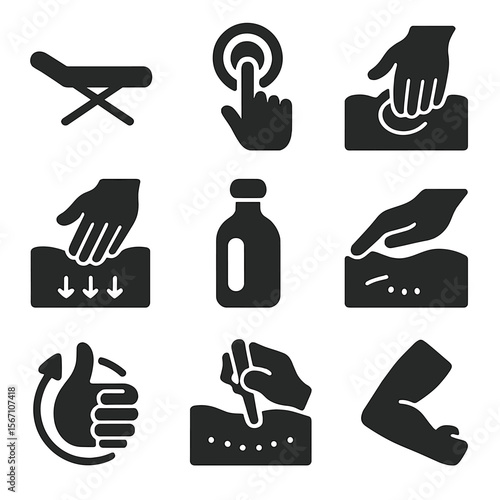 Therapeutic Massage Icons. Solid, filled icons set of therapeutic massage techniques: massage table, trigger