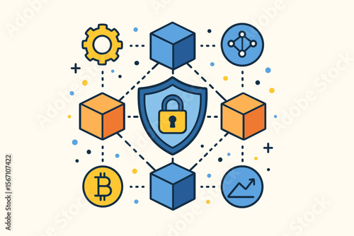 Blockchain technology network concept with secure decentralized data. Cryptocurrency and fintech illustration. Modern flat cartoon vector of digital blocks, shield, lock, and bitcoin.