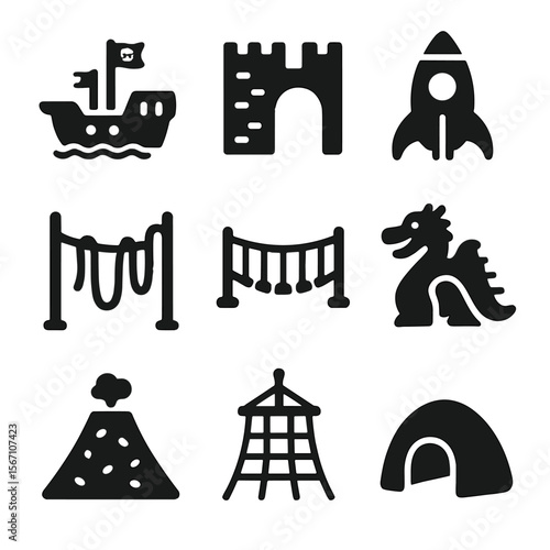 Themed Climbing Icons. Solid, filled icons set of themed climbing structures: pirate ship climber, castle wall