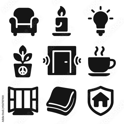 Therapeutic Listening Icons. Solid, filled icons set of therapeutic listening environments: cozy chair,