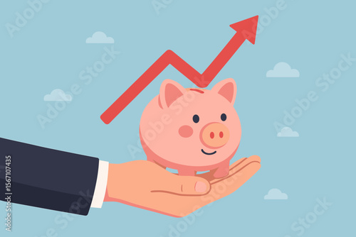 Businessman hand holding piggy bank with rising growth arrow. Concept for saving money, financial planning, investment success, wealth management, retirement fund, and prosperity.