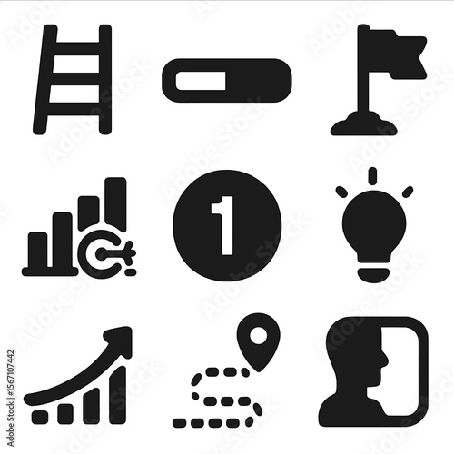 Therapy Progress Icons. Solid, filled icons set of therapy progress tracking: step ladder, progress bar,