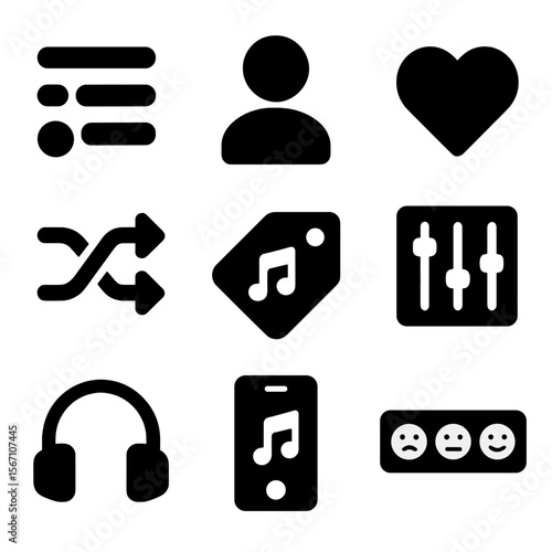 Therapy Playlist Icons. Solid, filled icons set of personalized playlists for therapy: playlist icon, user