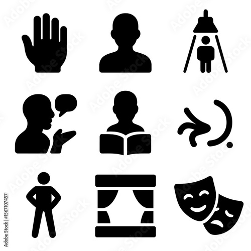 Theatrical Icon Set. Solid, filled icons set of theatrical storytelling cues: dramatic hand, actor silhouette,