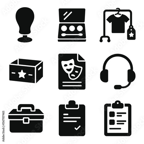 Theatrical Tools Icons. Solid, filled icons set of behind-the-scenes props: wig stand, makeup palette, garment