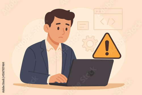Worried businessman, programmer or IT staff using computer with a warning sign. Concept for system error, maintenance, bug, 404 page, server down, security threat or alert notification.