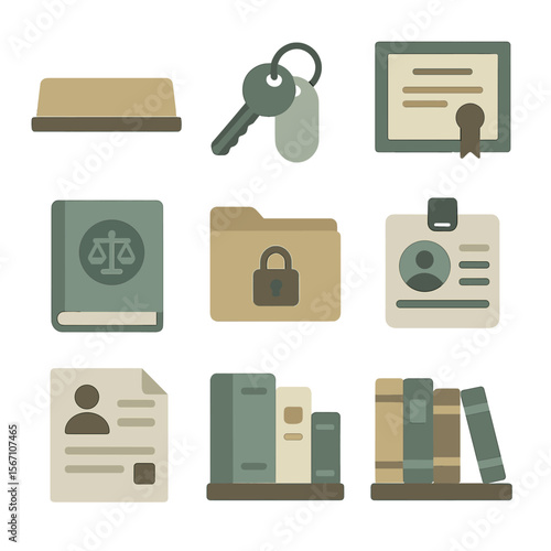 Therapist Icons Set. Solid, filled icons set of therapist professional environment: nameplate, office key,