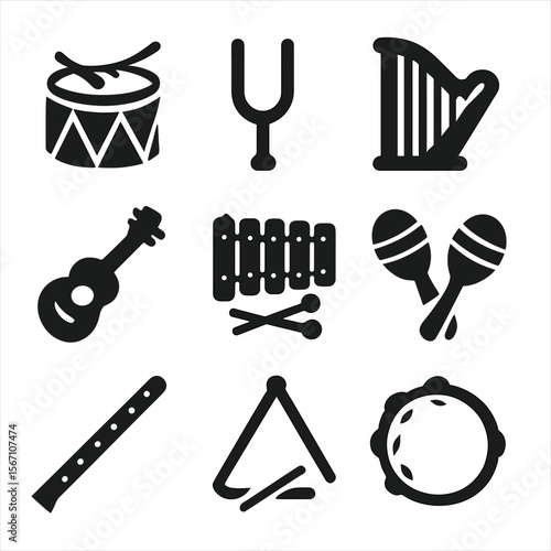 Therapy Instruments Icons. Solid, filled icons set of instruments used in therapy: drum, tuning fork, harp,