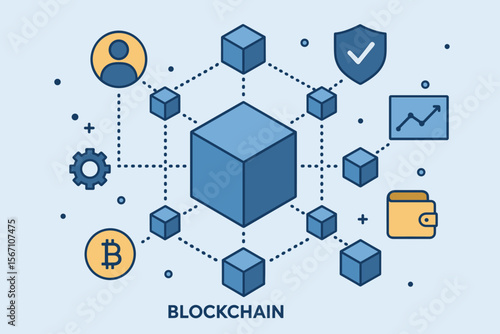 Blockchain technology network concept. Vector illustration of a decentralized system with connected blocks. Cryptocurrency and fintech concept with bitcoin, wallet, and security icons.