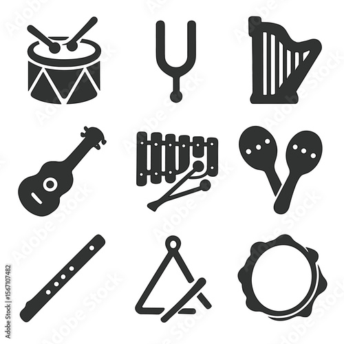Therapy Instruments Icons. Solid, filled icons set of instruments used in therapy: drum, tuning fork, harp,