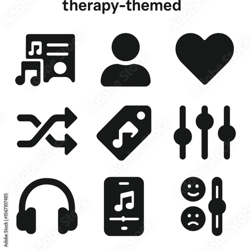 Therapy Playlist Icons. Solid, filled icons set of personalized playlists for therapy: playlist icon, user