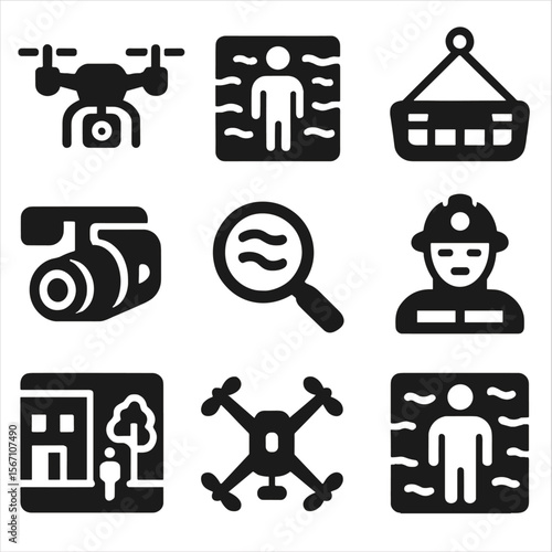 Thermal Drone Icons. Solid, filled icons set of thermal imaging and rescue drones: drone icon, thermal view,