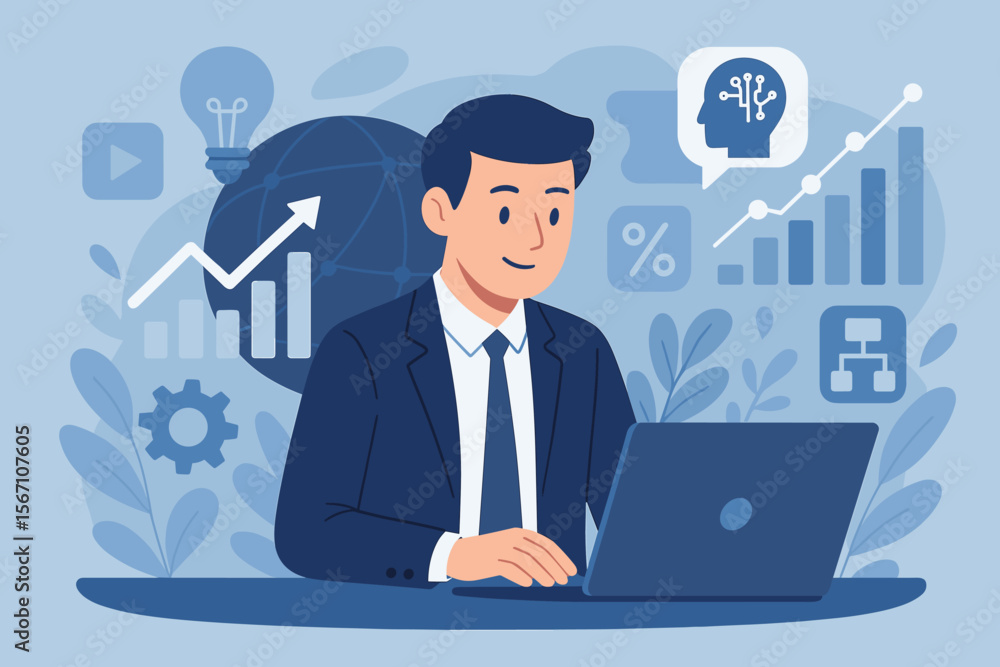 Businessman using laptop for data analysis and business growth strategy. Digital marketing and finance concept with AI algorithm, graphs, and charts on a dashboard interface. Businessman using laptop for data analysis and business growth strategy. Digital marketing and finance concept with AI algorithm, graphs, and charts on a dashboard interface.