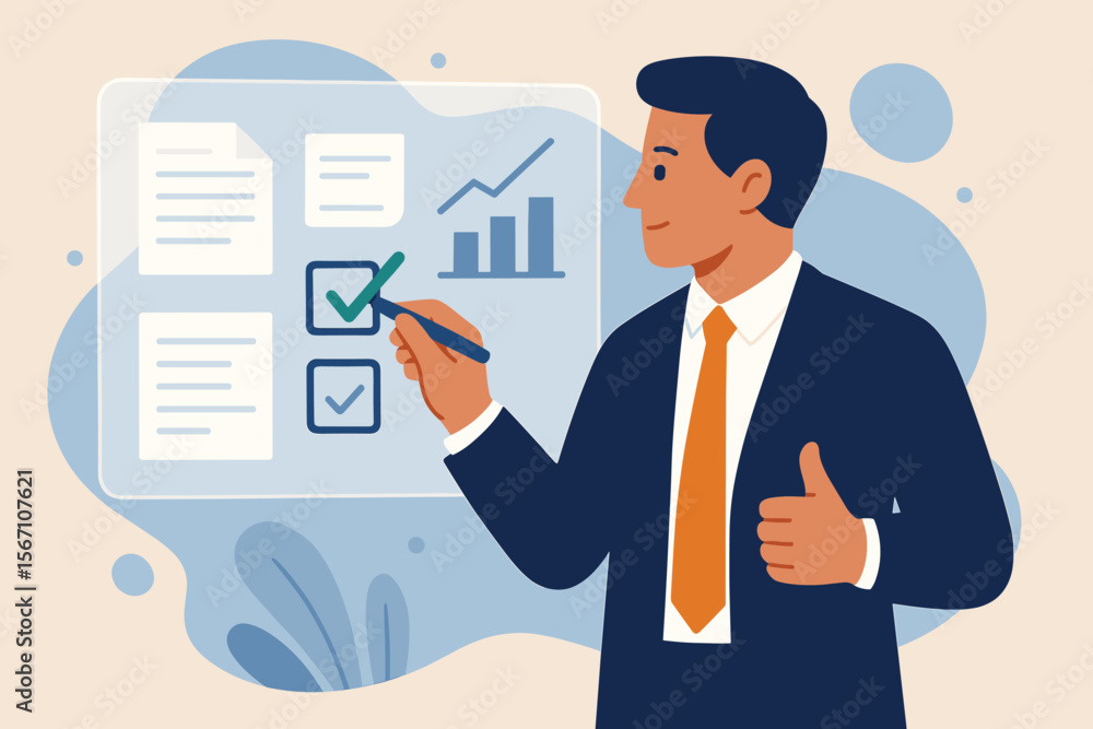 Businessman approves documents on virtual screen. Document management, project approval concept. Business performance evaluation with checklist, data chart for success and productivity. Businessman approves documents on virtual screen. Document management, project approval concept. Business performance evaluation with checklist, data chart for success and productivity.